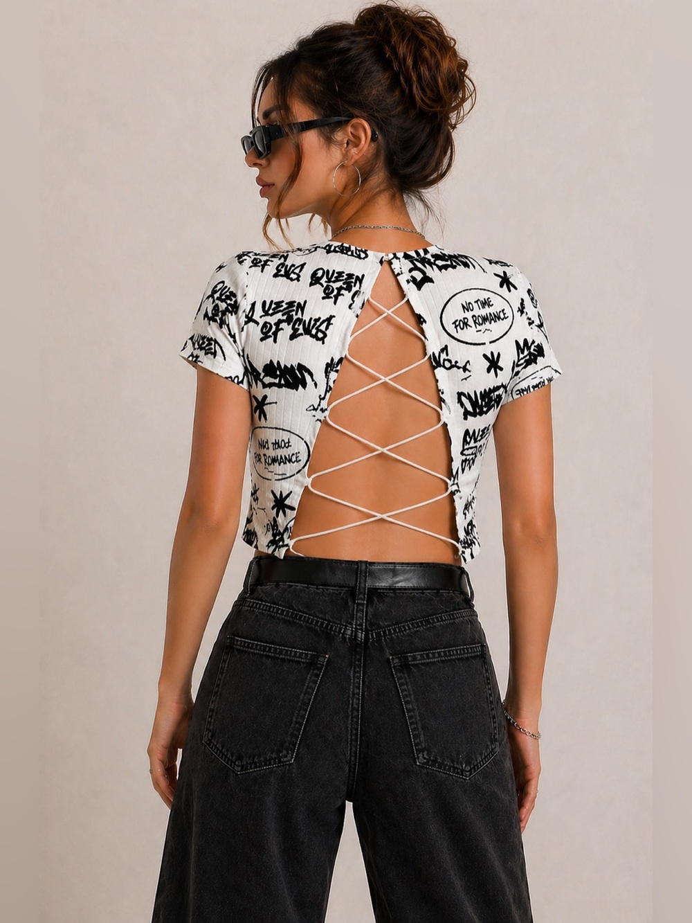 Faded Rose Y2K Streetwear Graffiti Open Back Lace-Up Crop Top Small